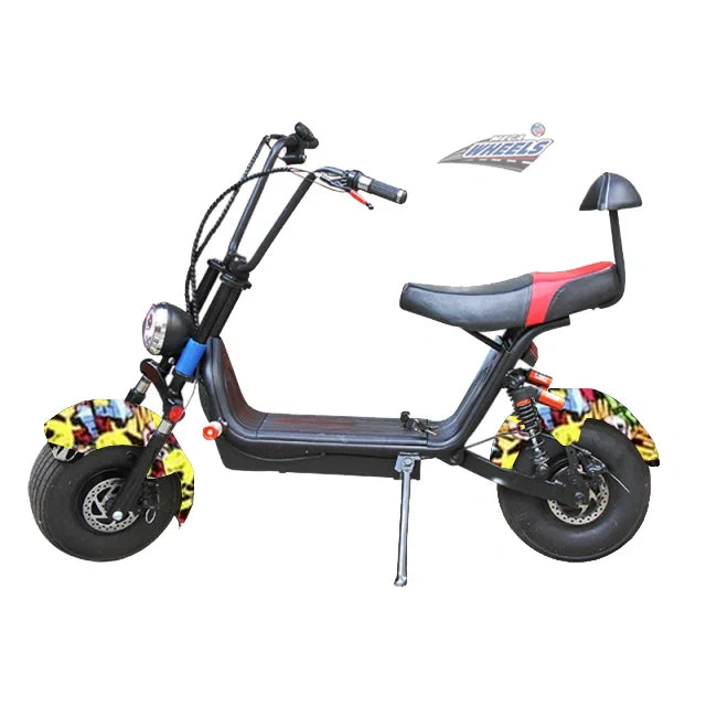 Small electric scooter with colorful wheels on a white background