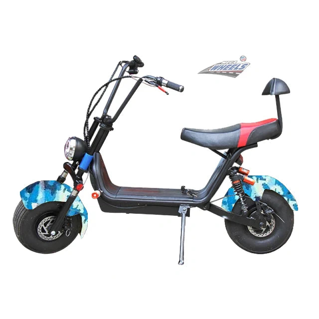 Electric scooter with colorful wheels on a white background
