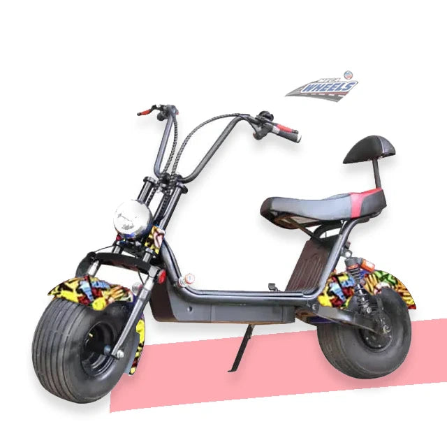 Small electric bike with colorful wheels on a white background