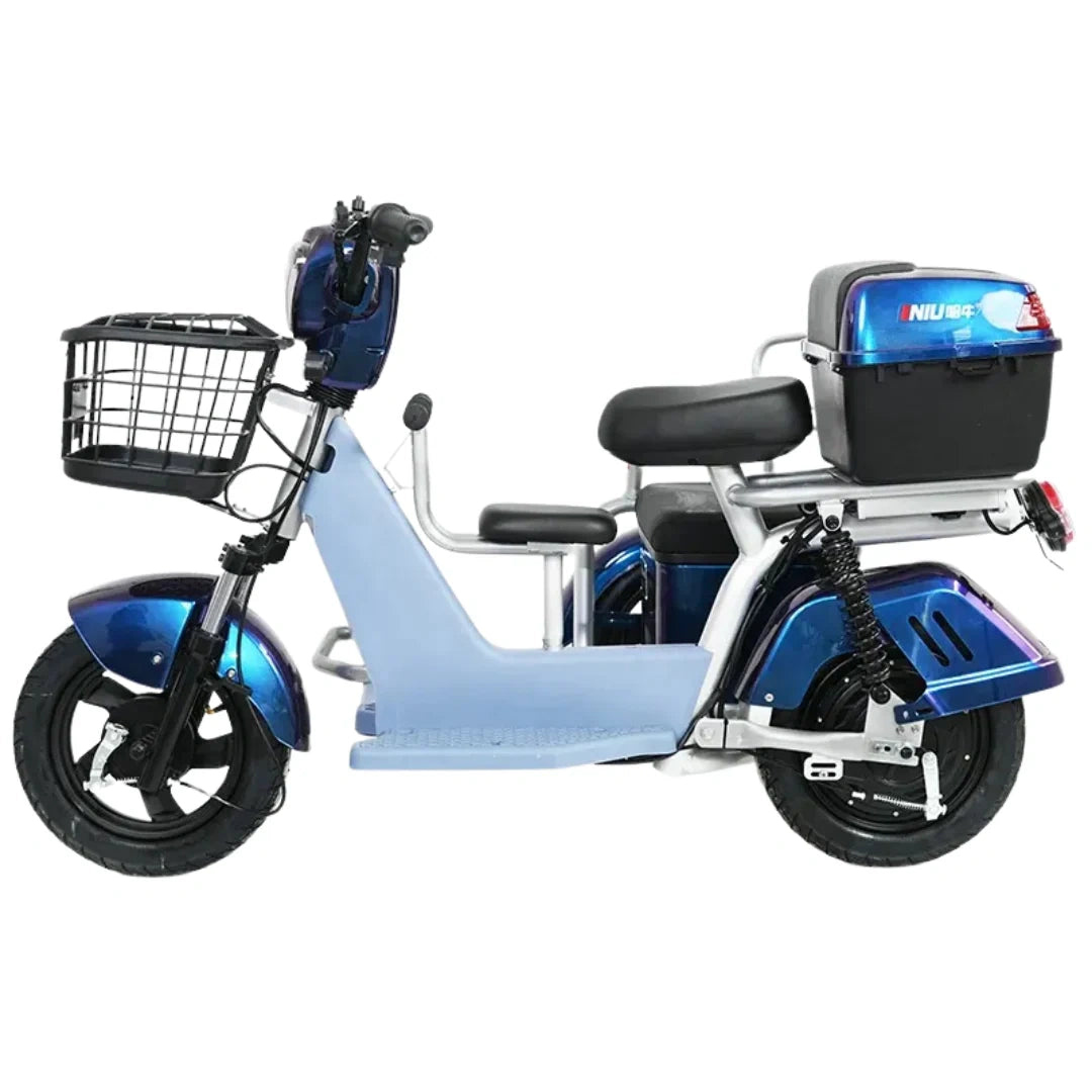 Blue electric scooter with a basket and storage box on a white background