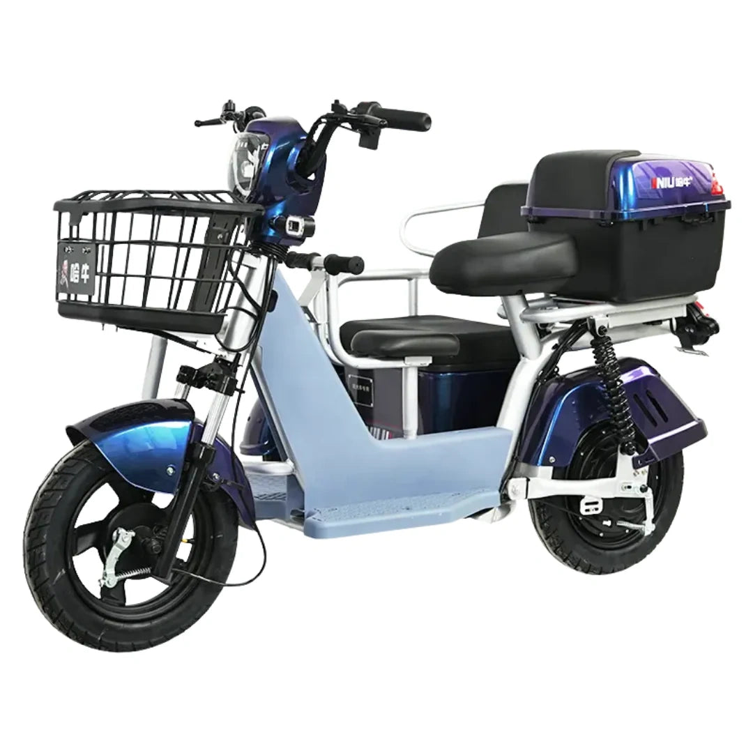 Light blue electric scooter with black seat and basket on a white background