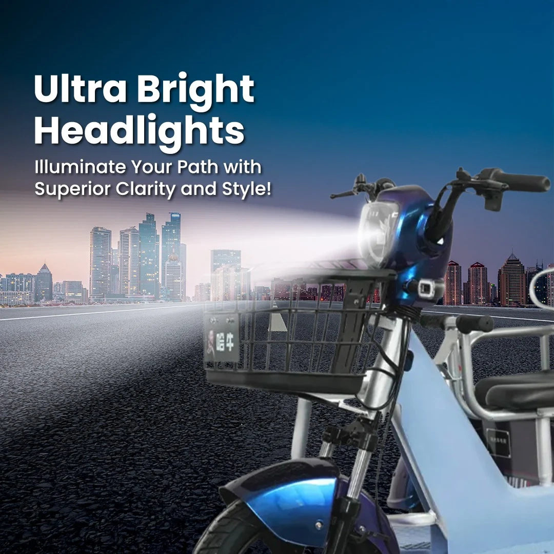 Motorcycle with ultra bright headlights against a cityscape background