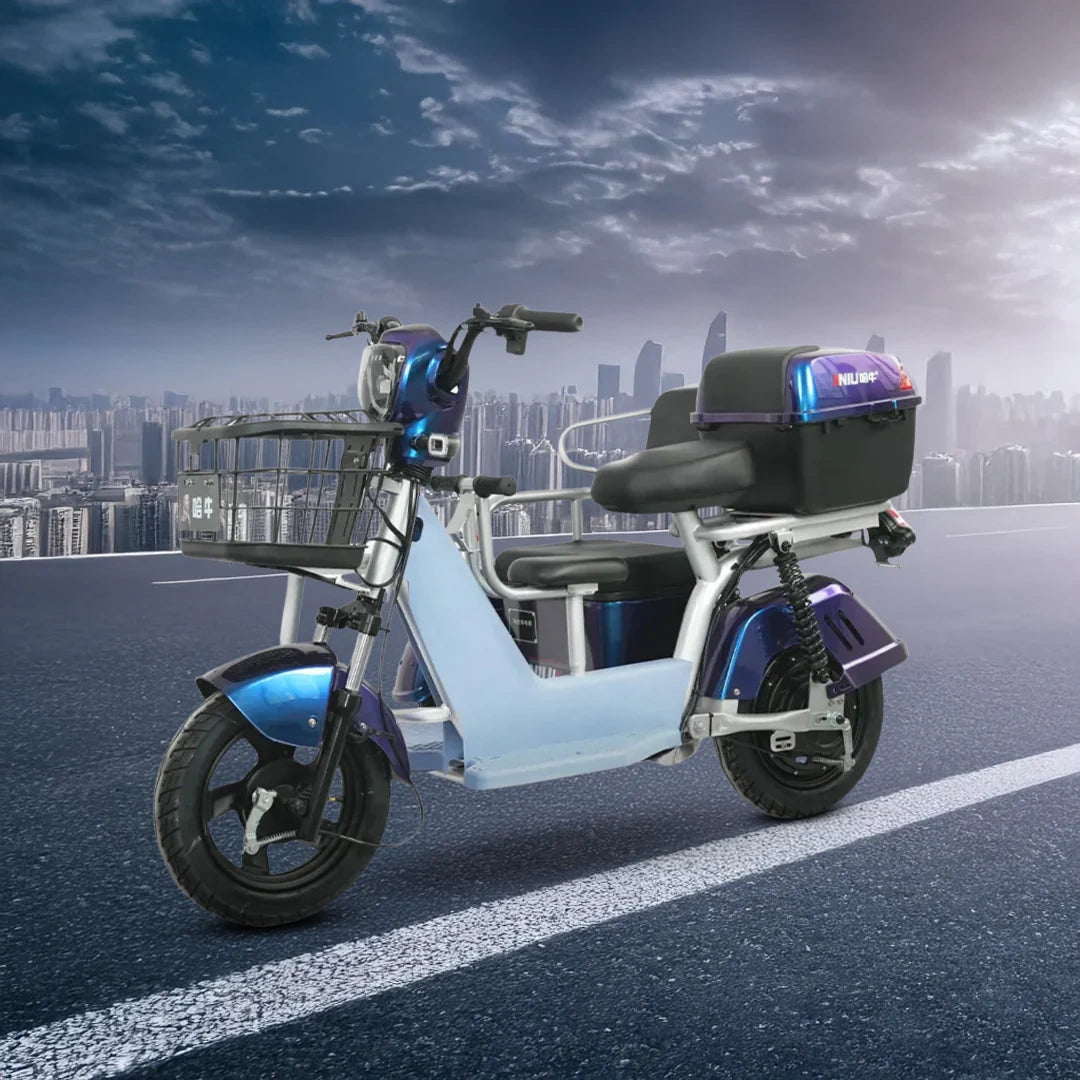 Electric scooter with storage boxes on a city rooftop with skyline in the background