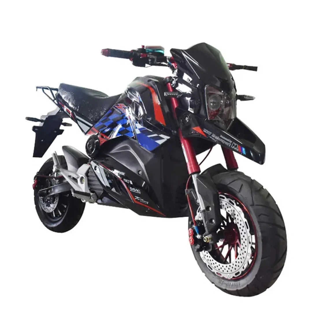 Black motorcycle with red and blue accents on a white background