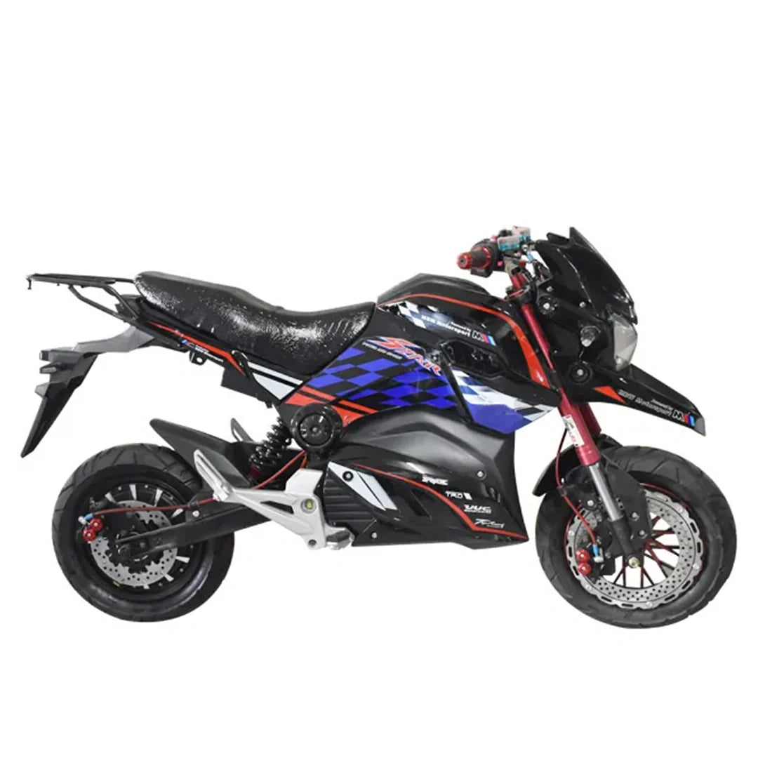 Black motorcycle with colorful design on a white background