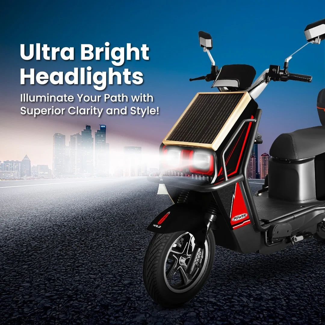 Scooter with ultra bright headlights on a road with cityscape background