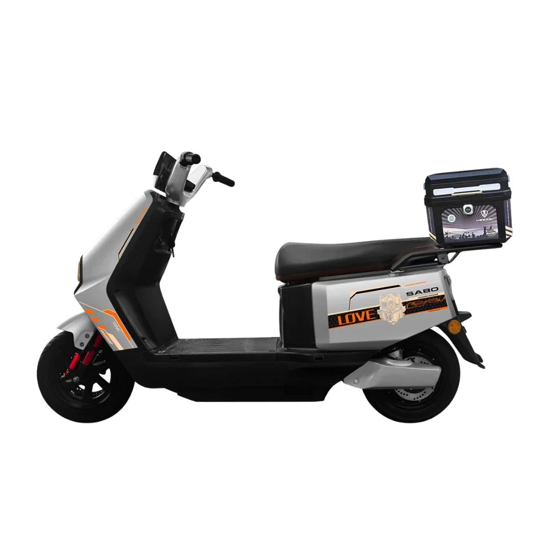 Electric scooter with 'Saregama' branding on a white background