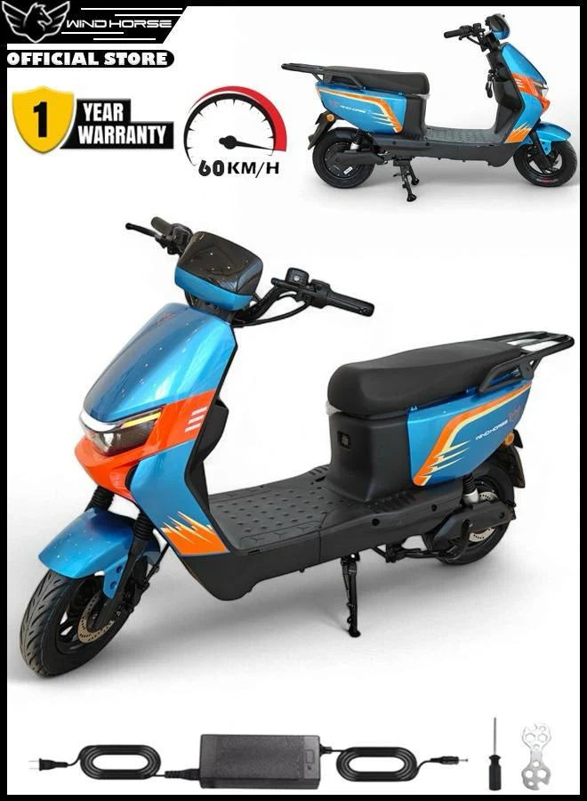 Blue and orange electric scooter with accessories on a white background