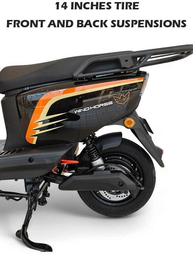 Black scooter with orange accents on a white background, highlighting '14 Inches Tire' and 'Front and Back Suspensions'.