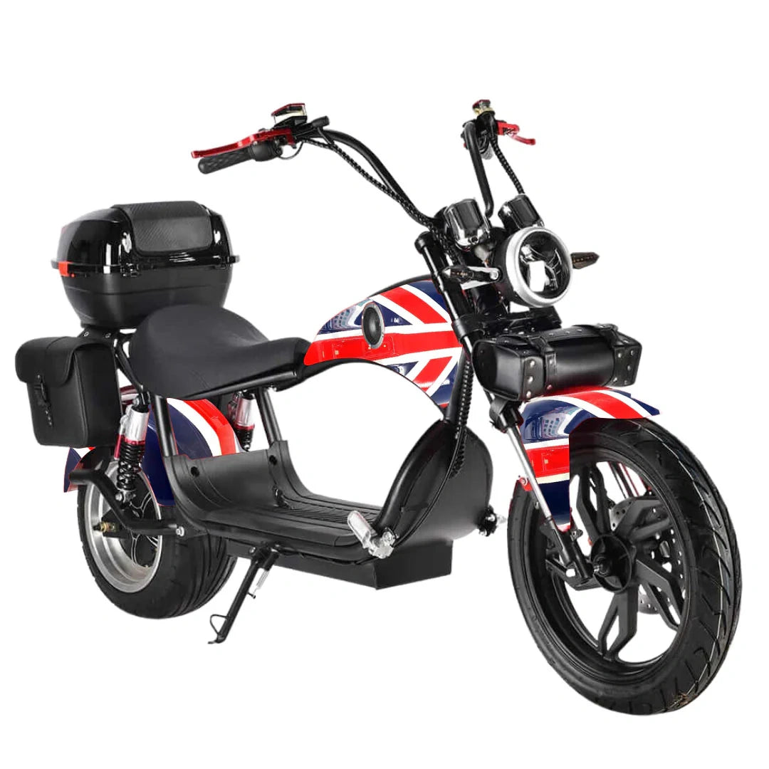 Motorcycle with British flag design on a white background