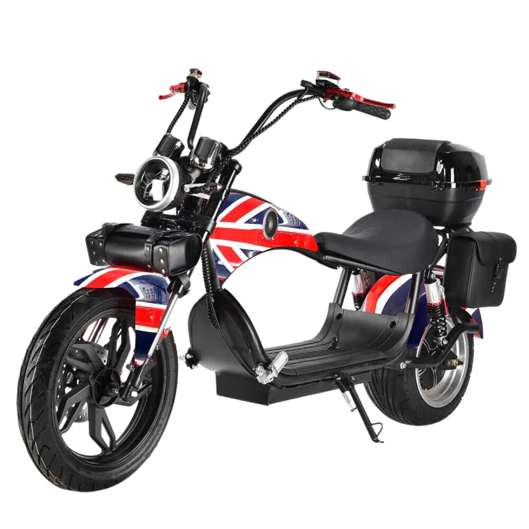 Motorcycle with Union Jack design on a white background