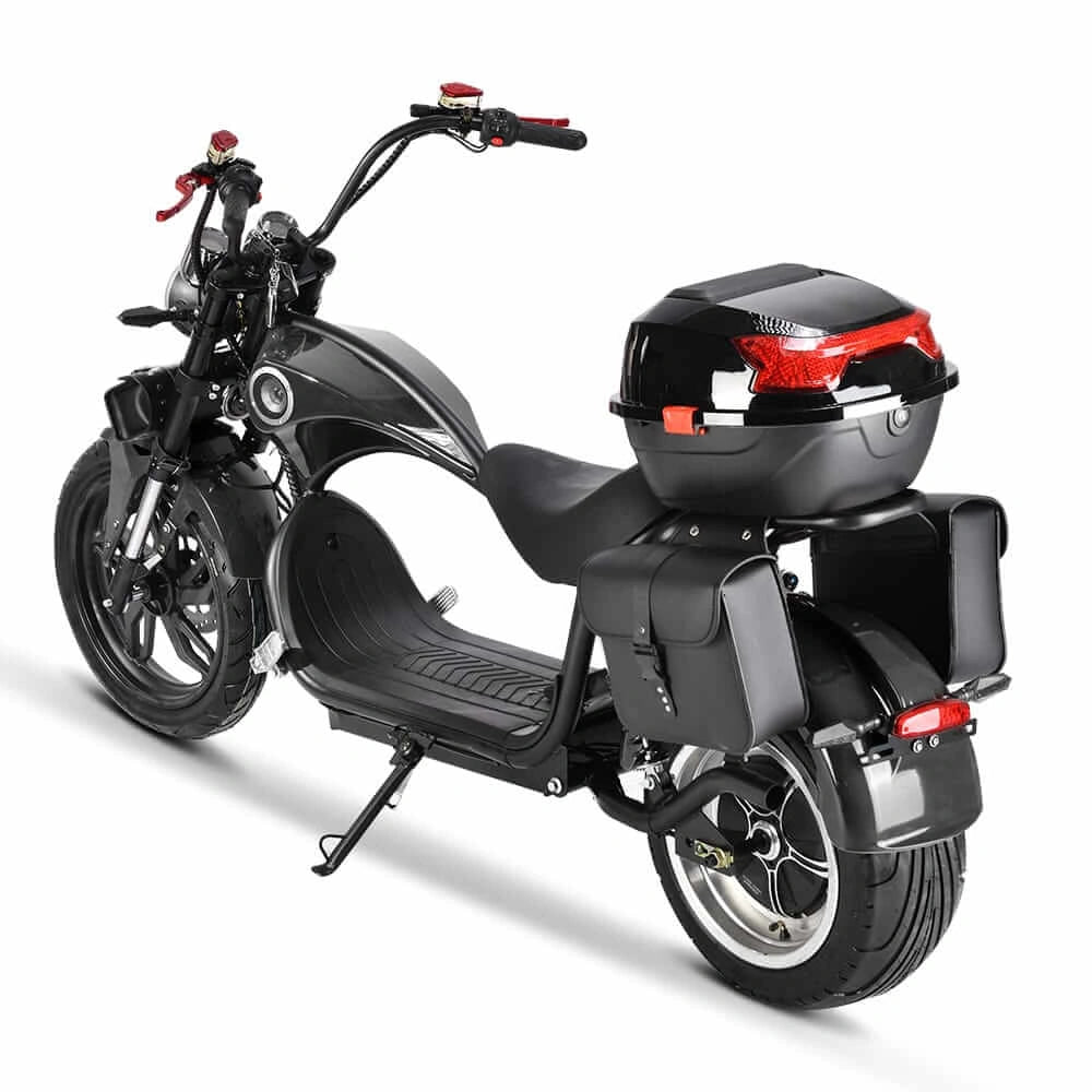 Black electric scooter with a storage box on a white background