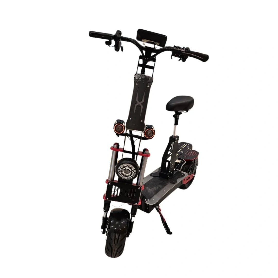 Black electric scooter with seat on a white background