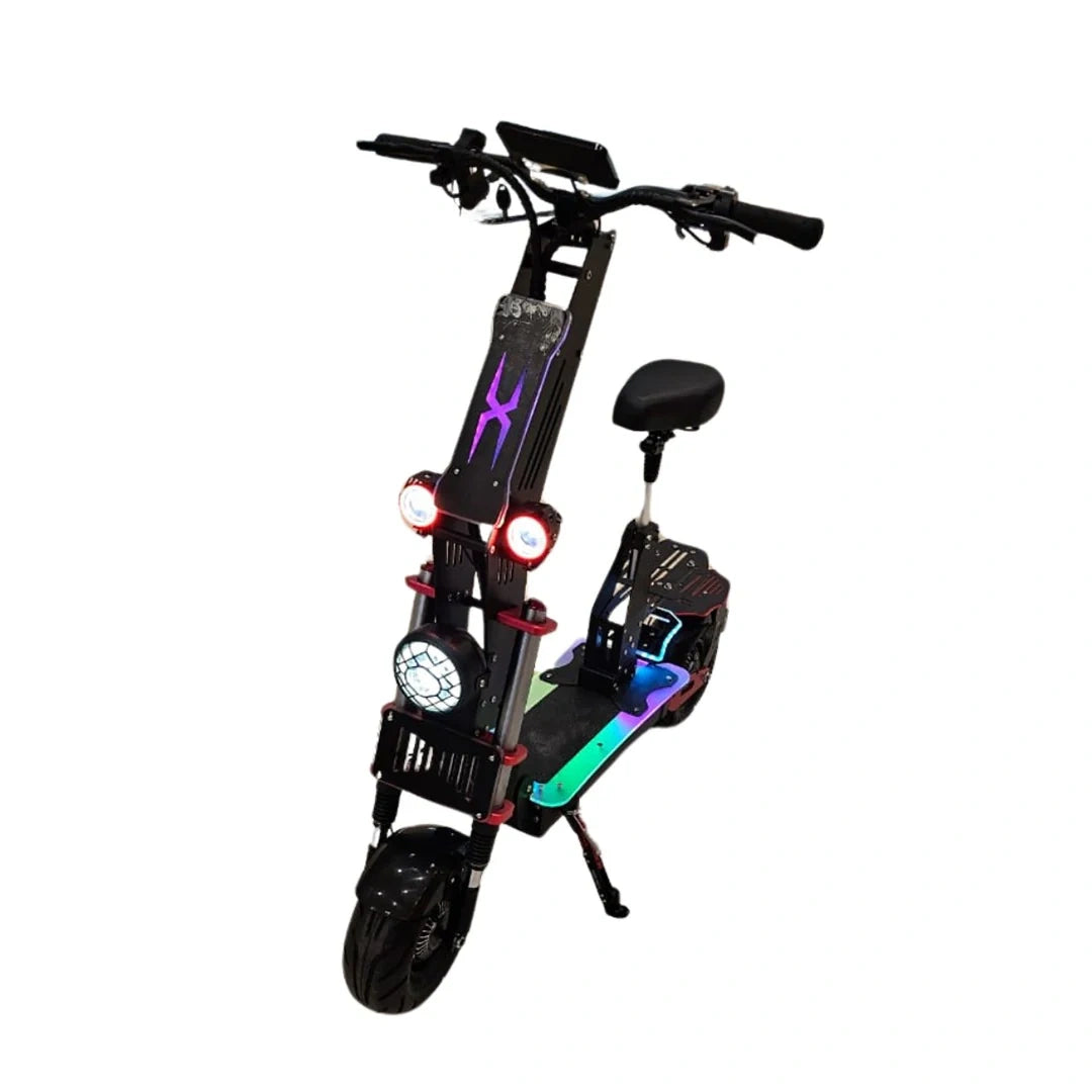Black electric scooter with colorful accents on a white background