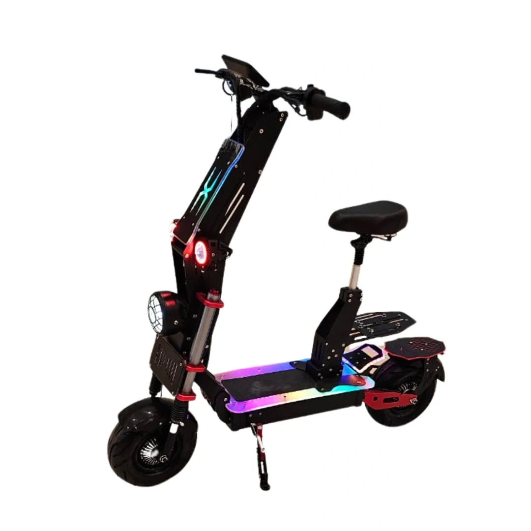 Black electric scooter with colorful LED lights on a white background