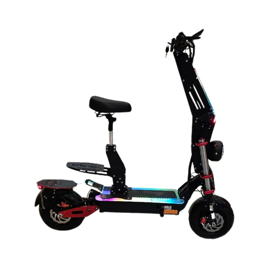 Black electric scooter with a seat on a white background