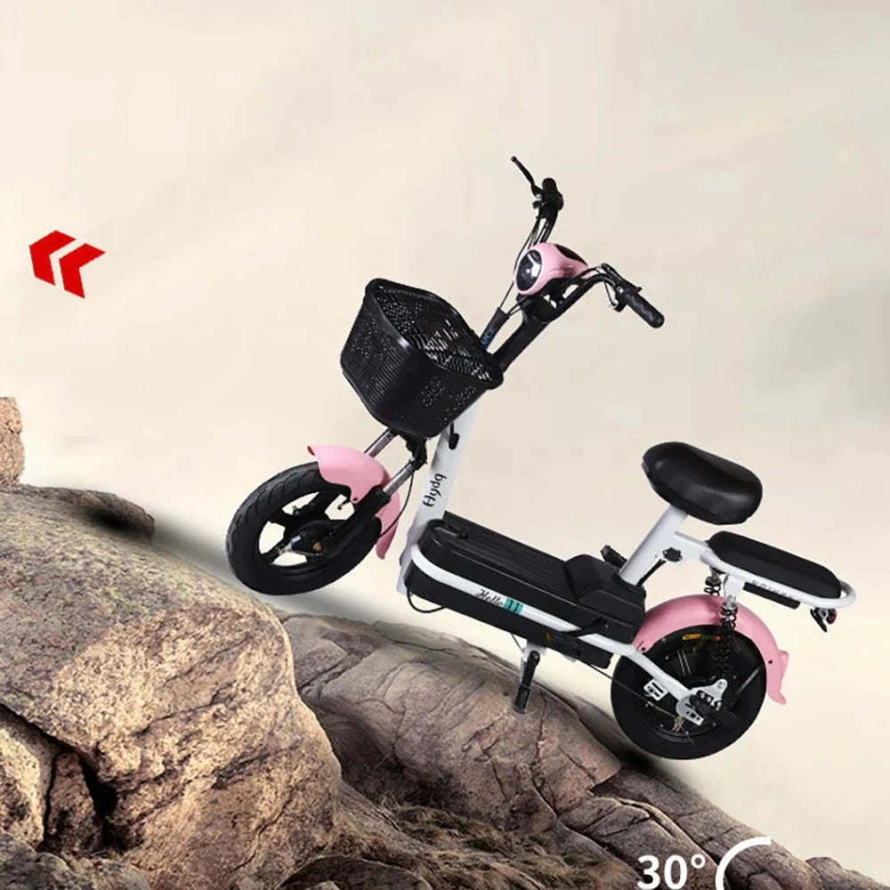 White and pink electric scooter on a rock with a neutral background