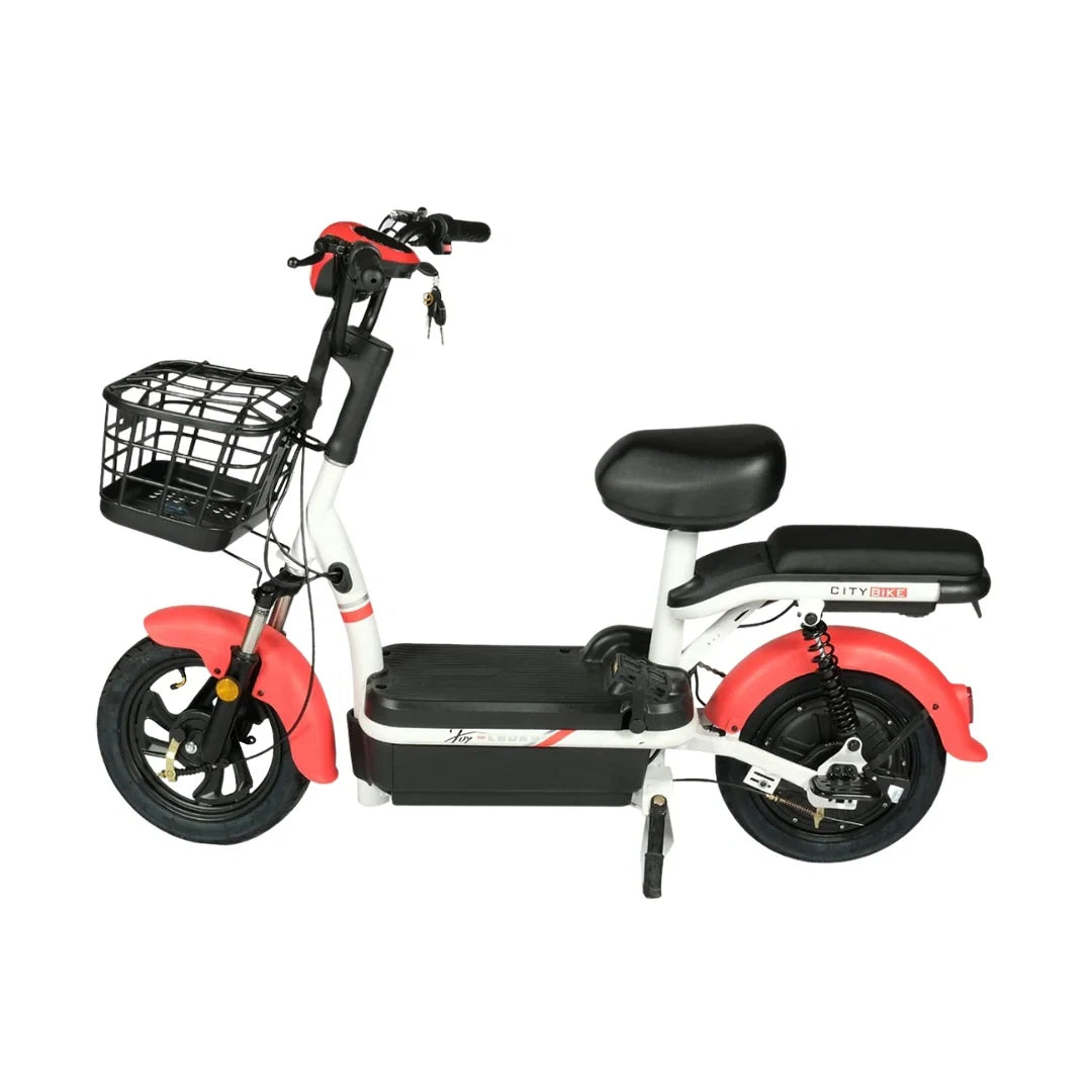 Electric bike with red and black design on a white background