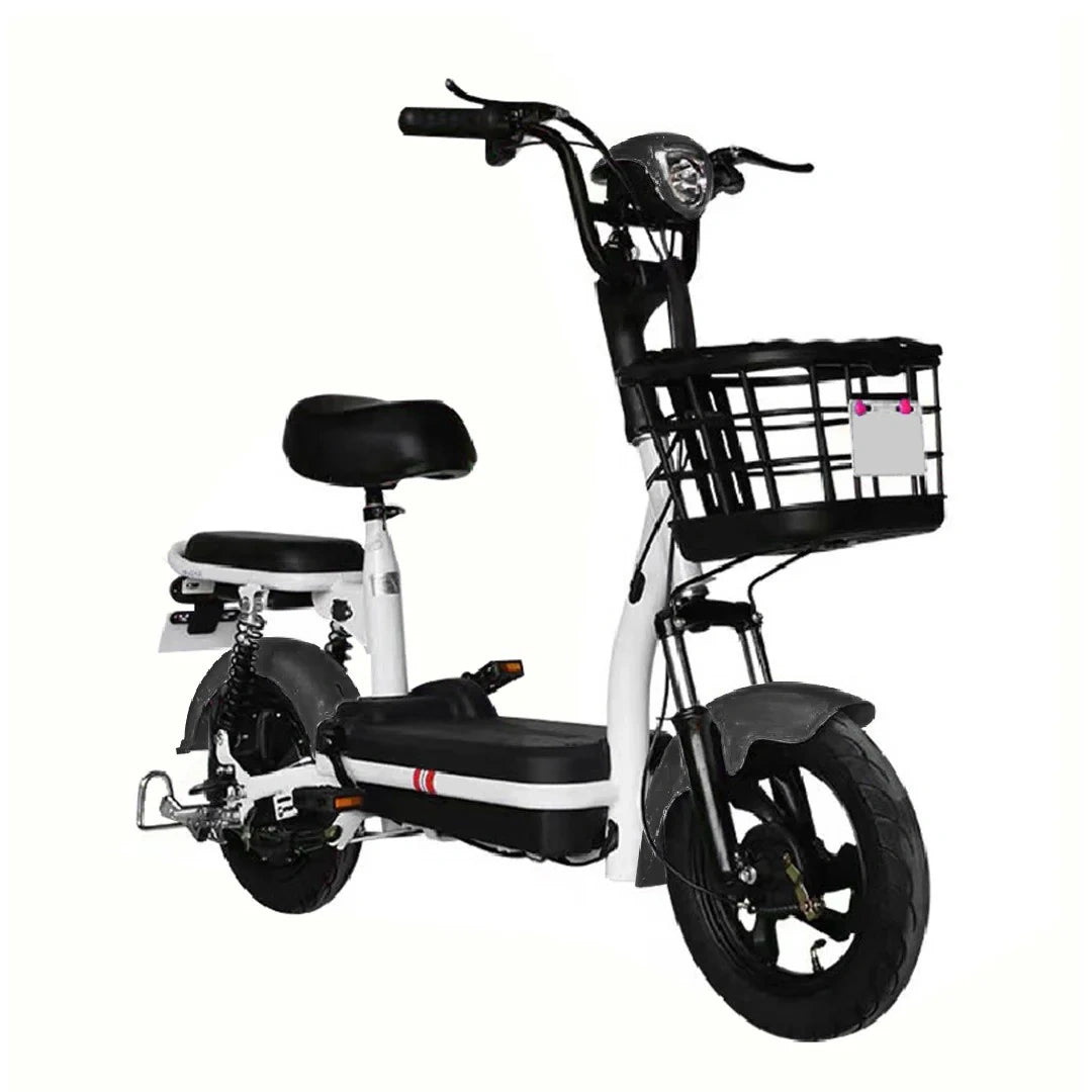 White electric bike with black seat and basket on a white background