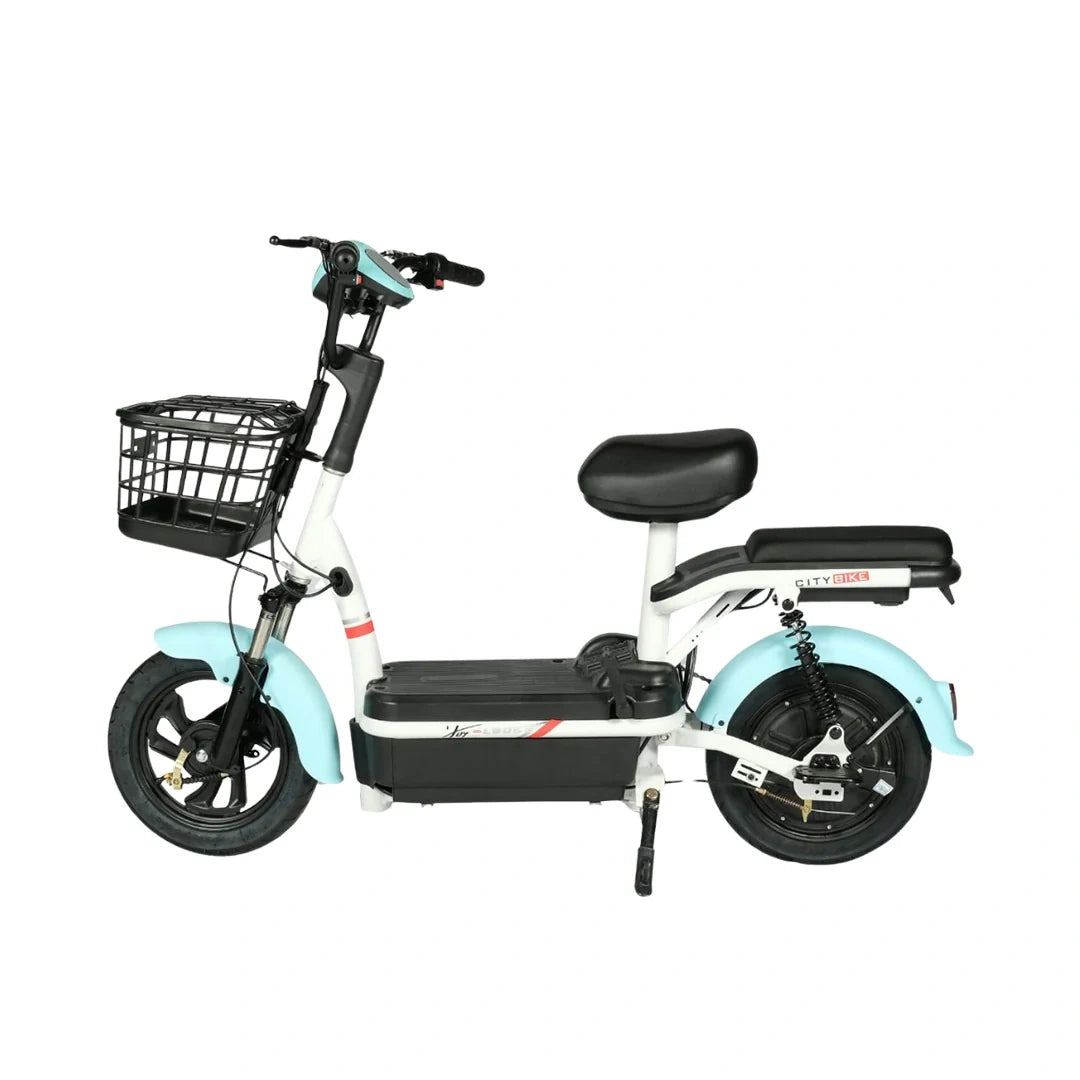 Electric scooter with a black basket and seat on a white background