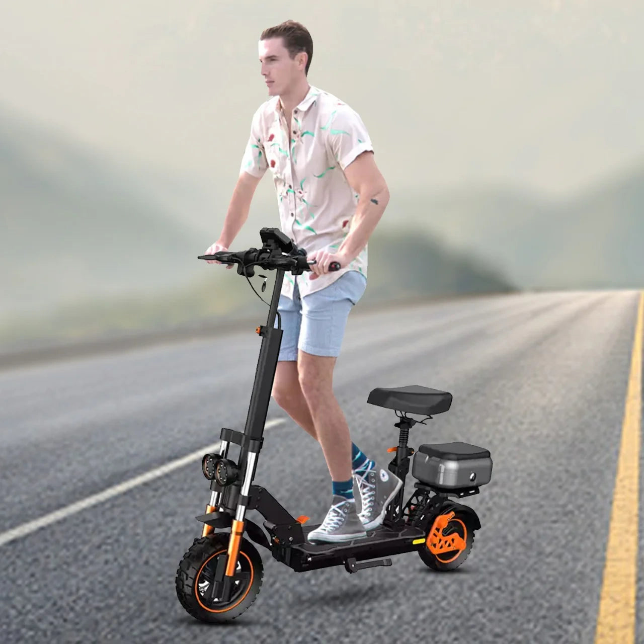 Man riding a black electric scooter on a road with a blurred background