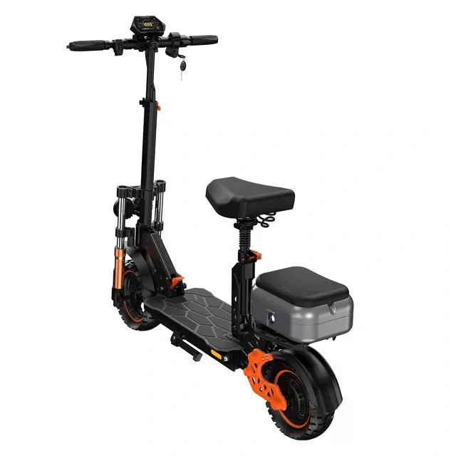 Black and orange electric scooter with a seat on a white background