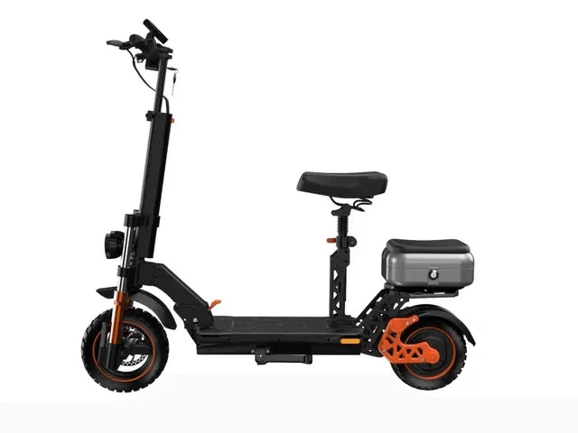 Black electric scooter with orange accents on a white background