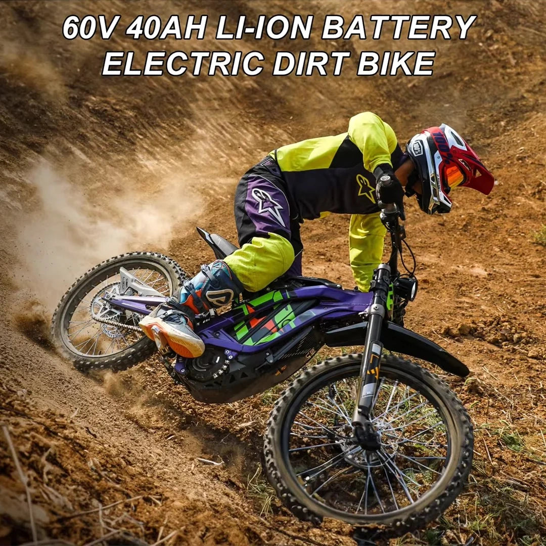 Person riding a 60V 40AH Li-ion battery electric dirt bike on a dirt track.