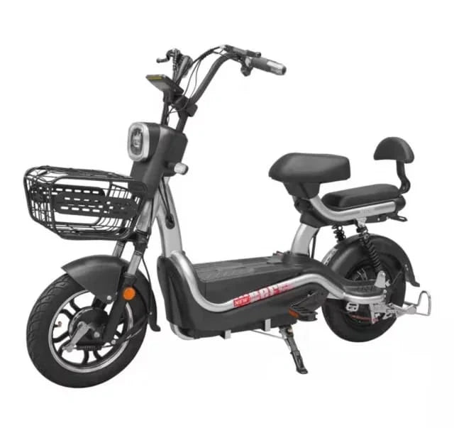 Black electric scooter with a seat and basket on a white background