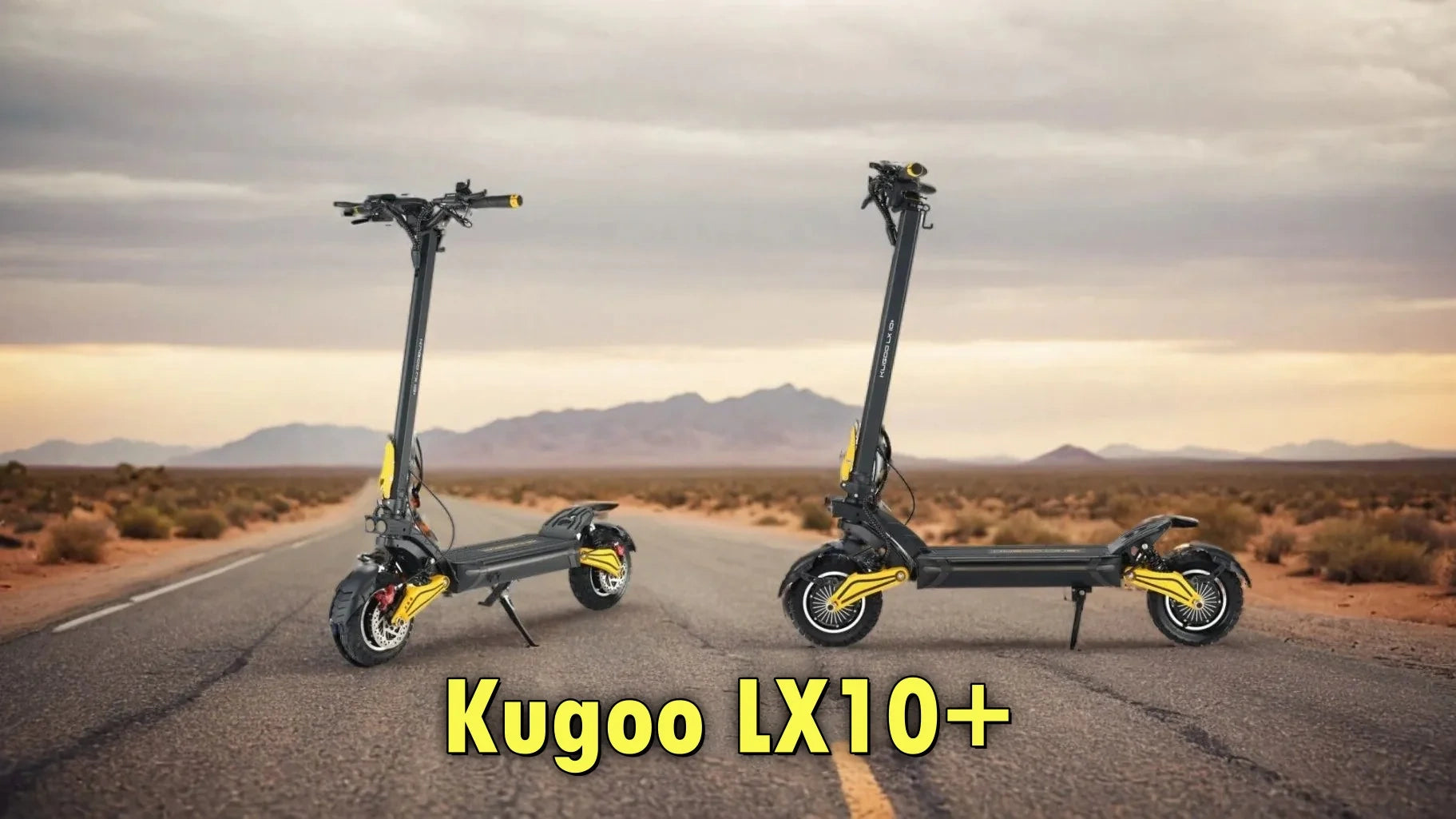 Two Kugoo LX10+ electric scooters on a desert road with mountains in the background.