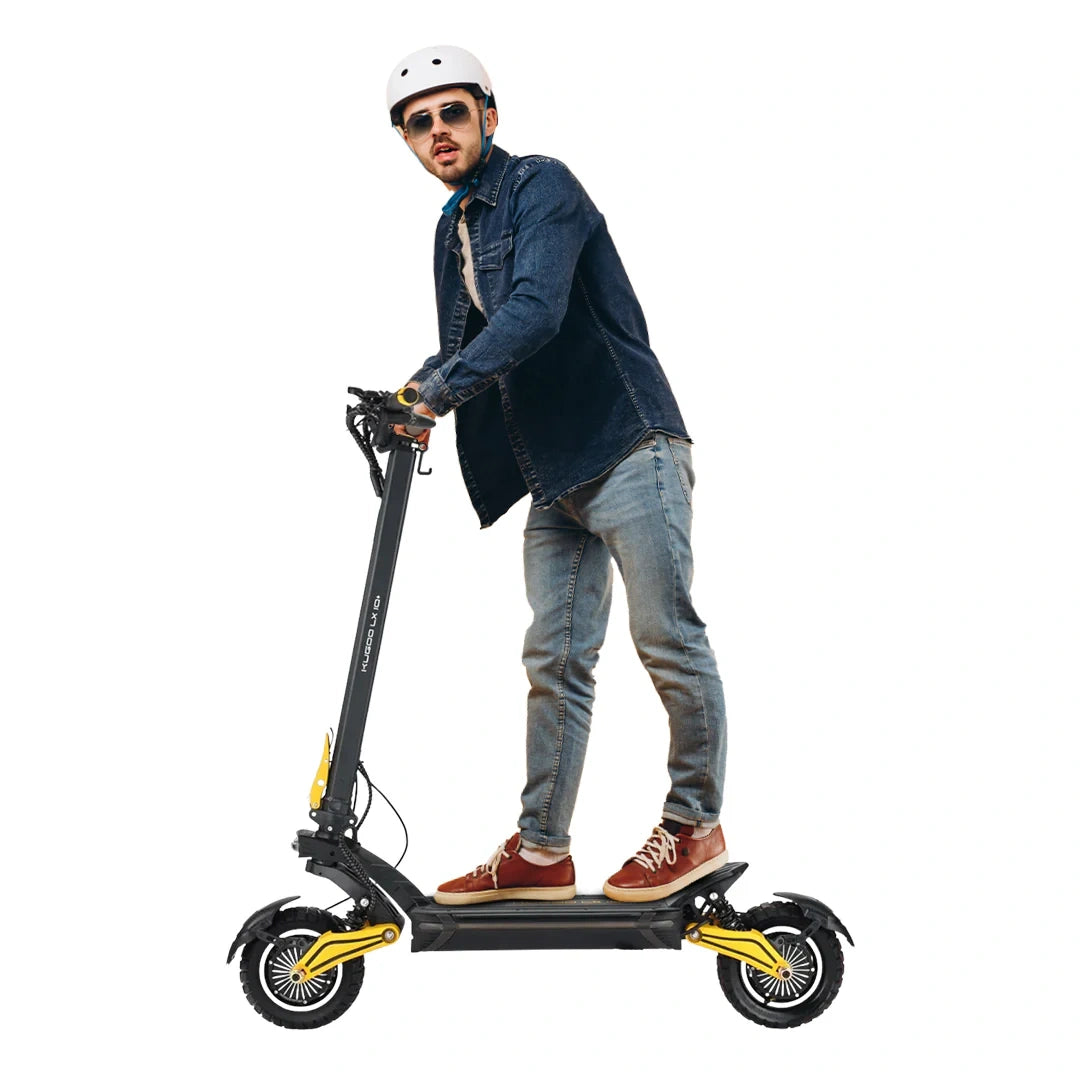 Man riding an electric scooter on a white background