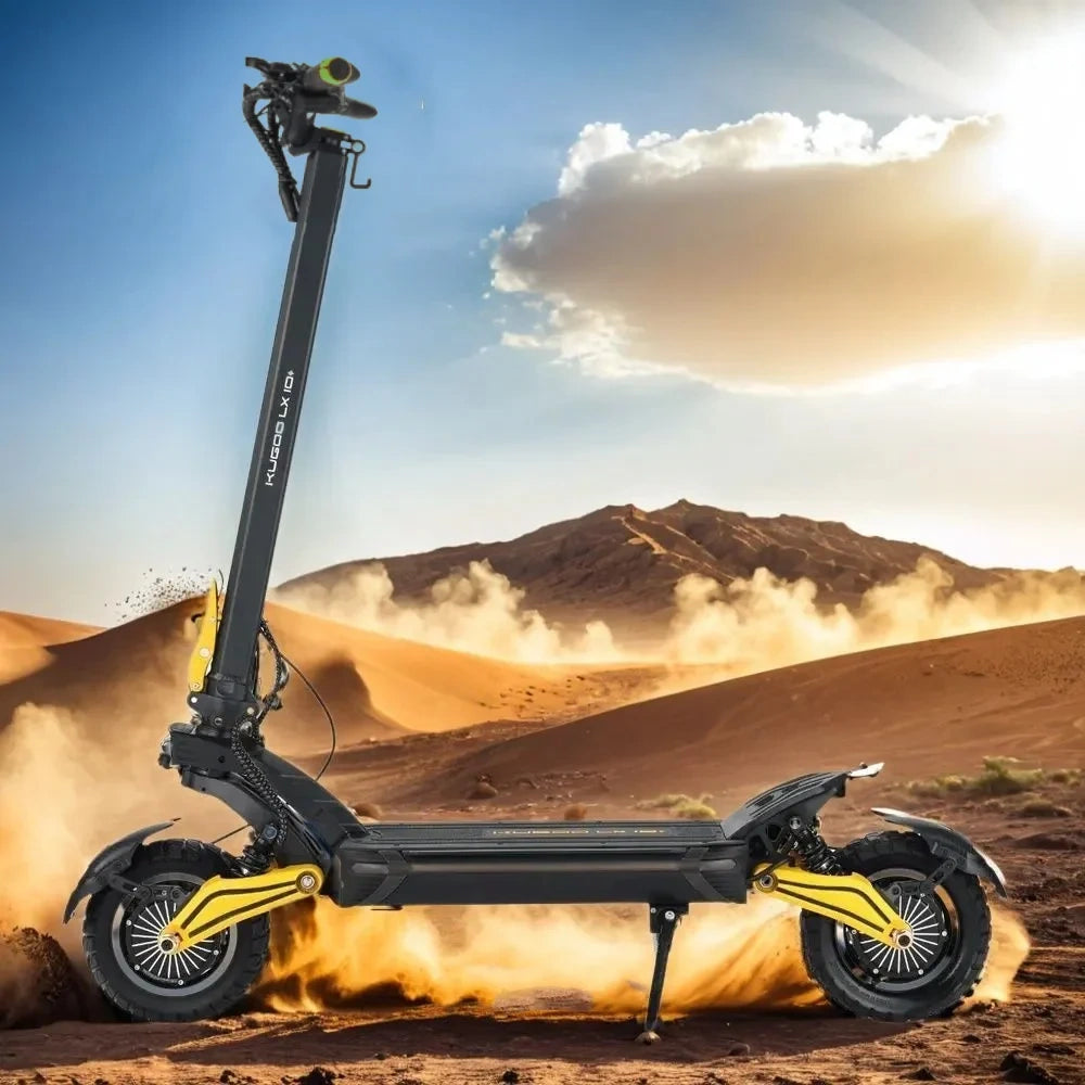 Electric scooter in a desert landscape with mountains and clouds.