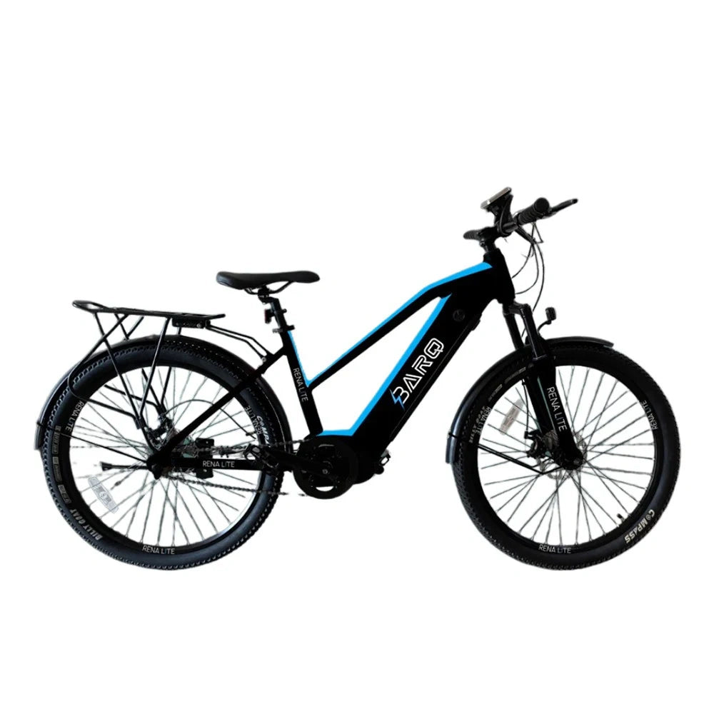 Black electric bike with blue accents on a white background