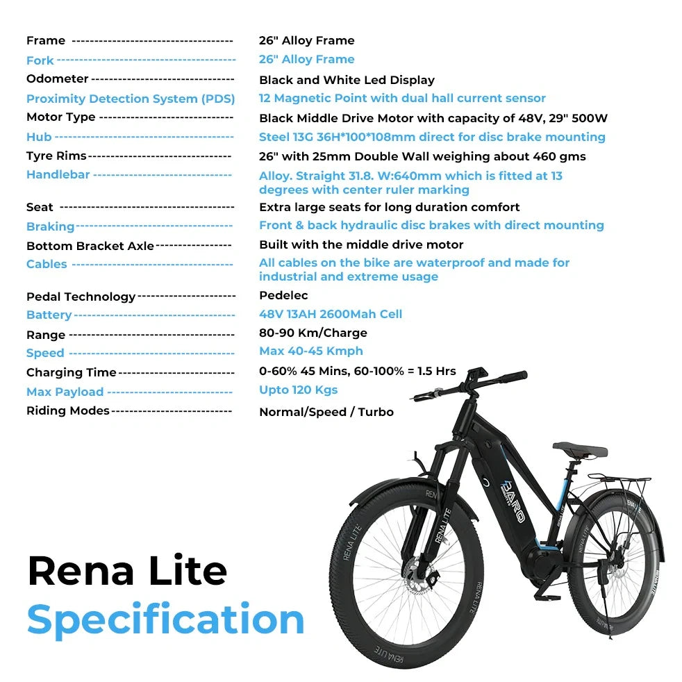 E-bike specifications with a bike image on a white background