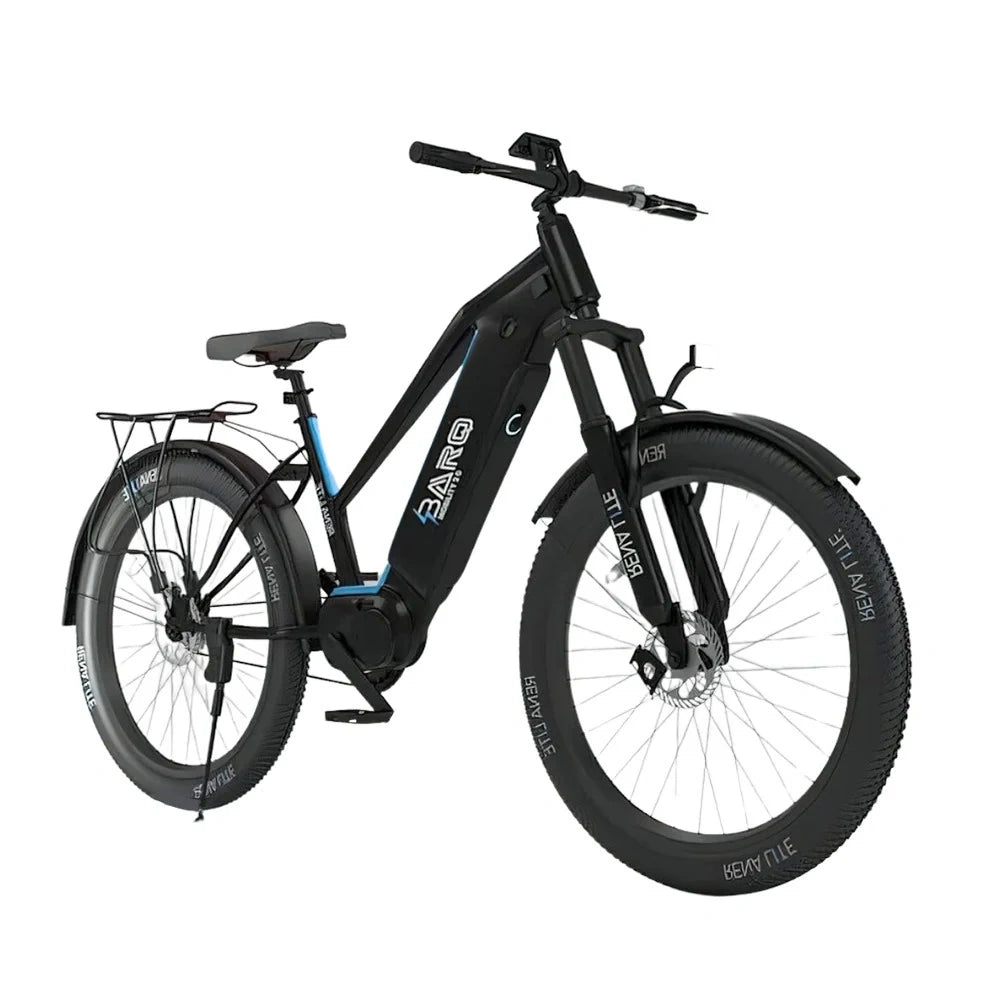 Black electric bicycle with visible branding on a white background