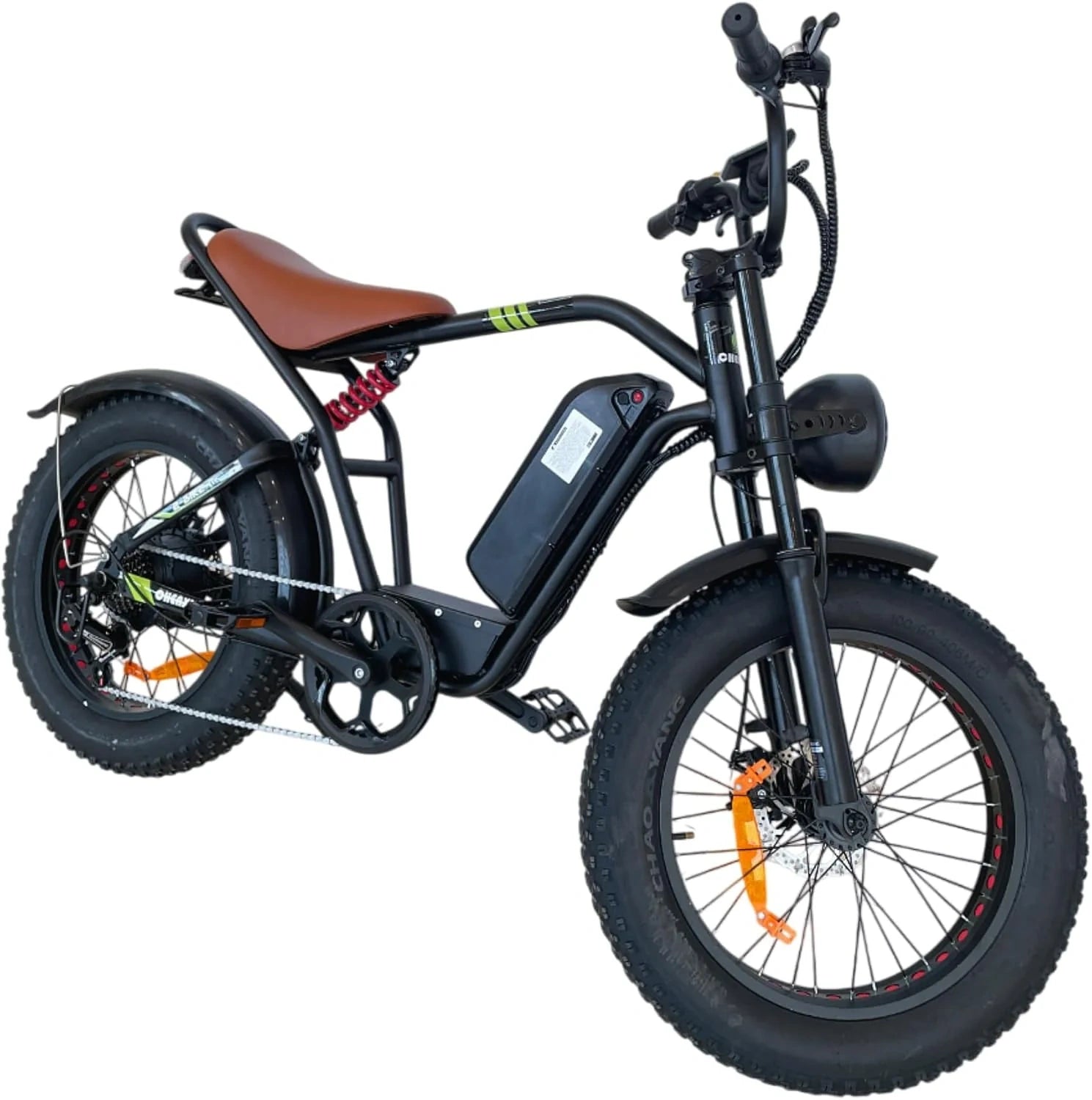 Black electric bike with brown seat on a white background