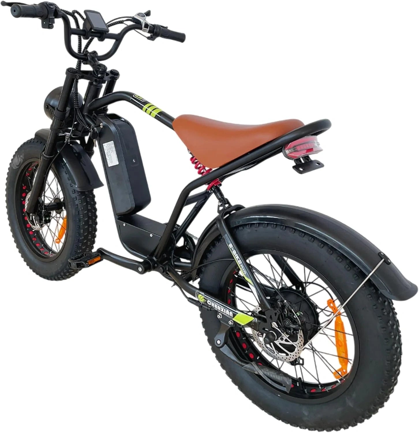 Black electric bike with a brown seat on a white background