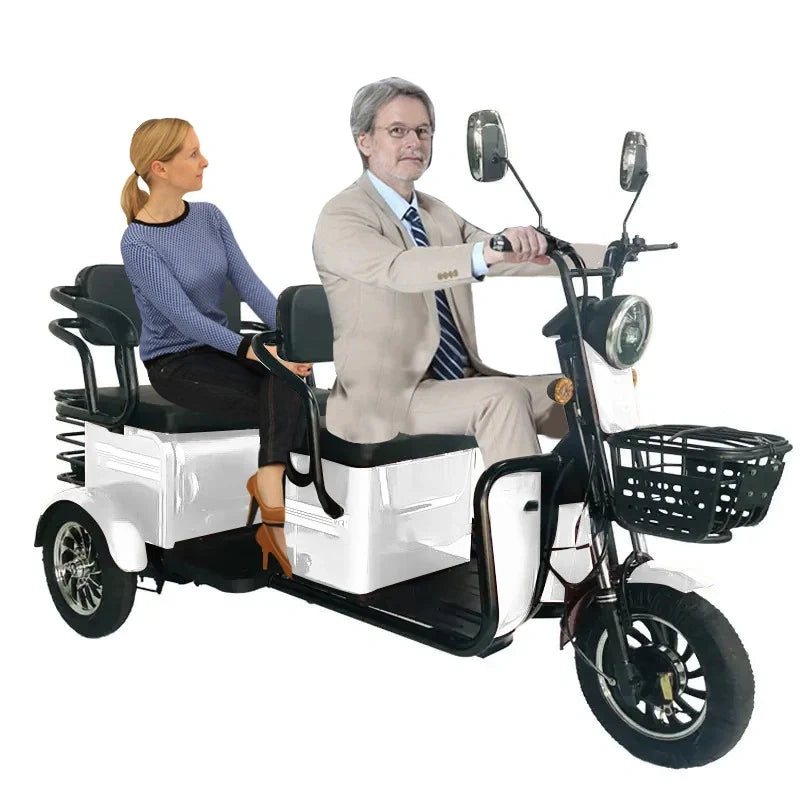 Electric tricycle with two people on a white background