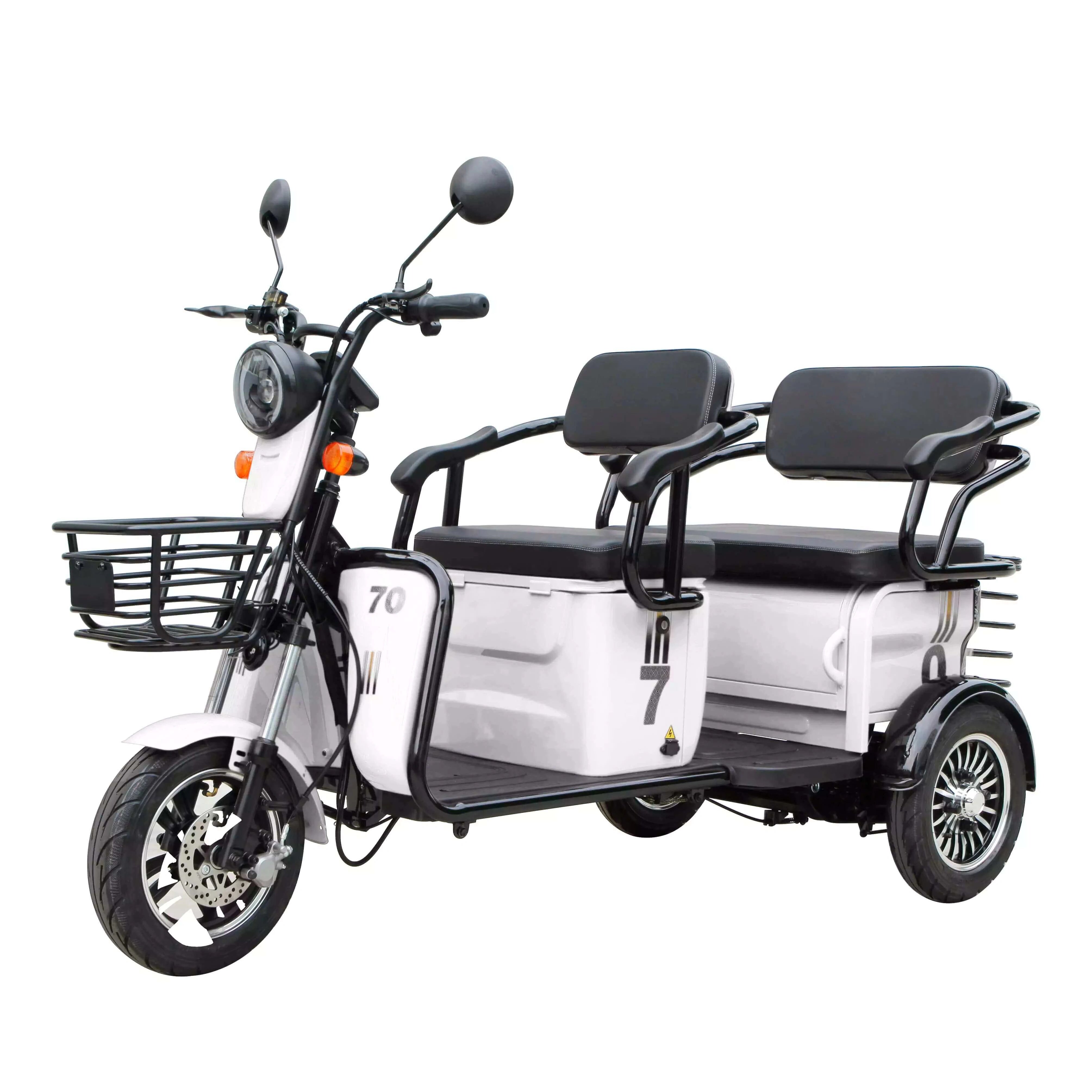 White electric tricycle with black seats and a basket on a white background