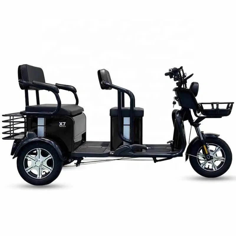 Black electric tricycle with two seats on a white background