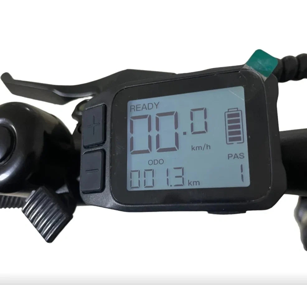 Digital display on a scooter handlebar with speed and distance readings.