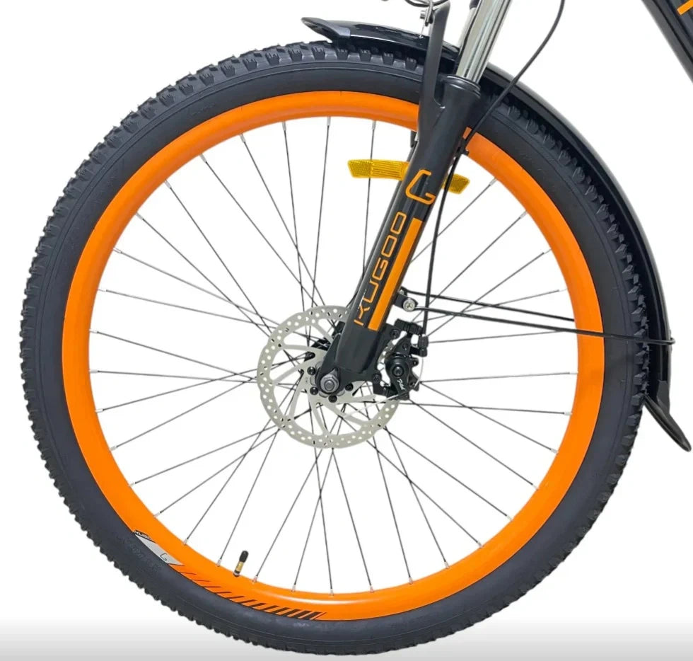 Close-up of a bicycle wheel with orange rim and black tire on a white background