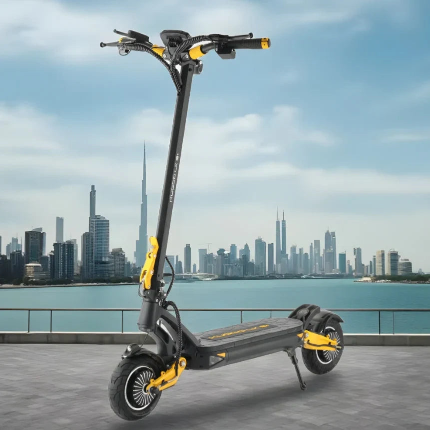 Electric scooter with city skyline and waterfront in the background