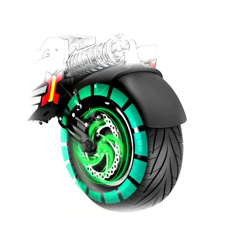 Motorcycle wheel with green rim and black tire on a white background