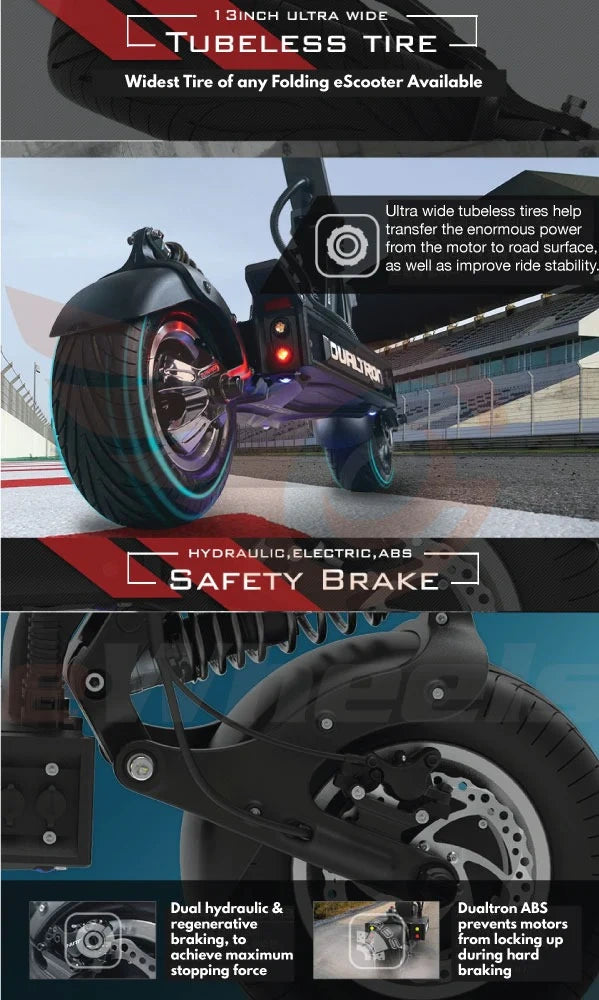 Folding electric scooter with tubeless tire and safety brake system on a blurred background