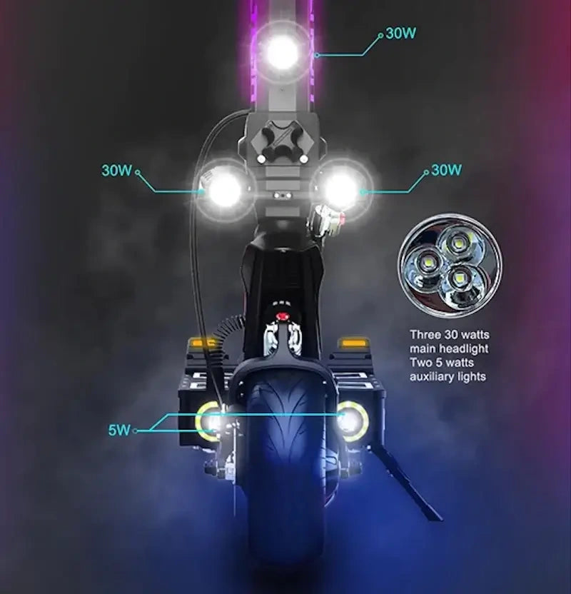 Motorcycle headlight system with labeled wattage on a dark background