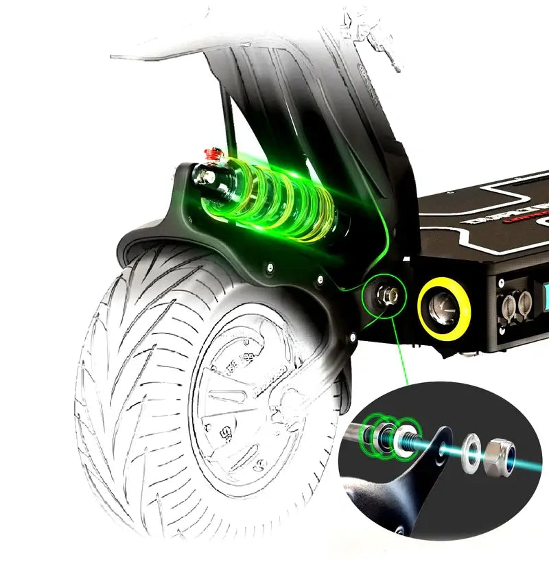 Close-up of a scooter wheel with green suspension system on a white background