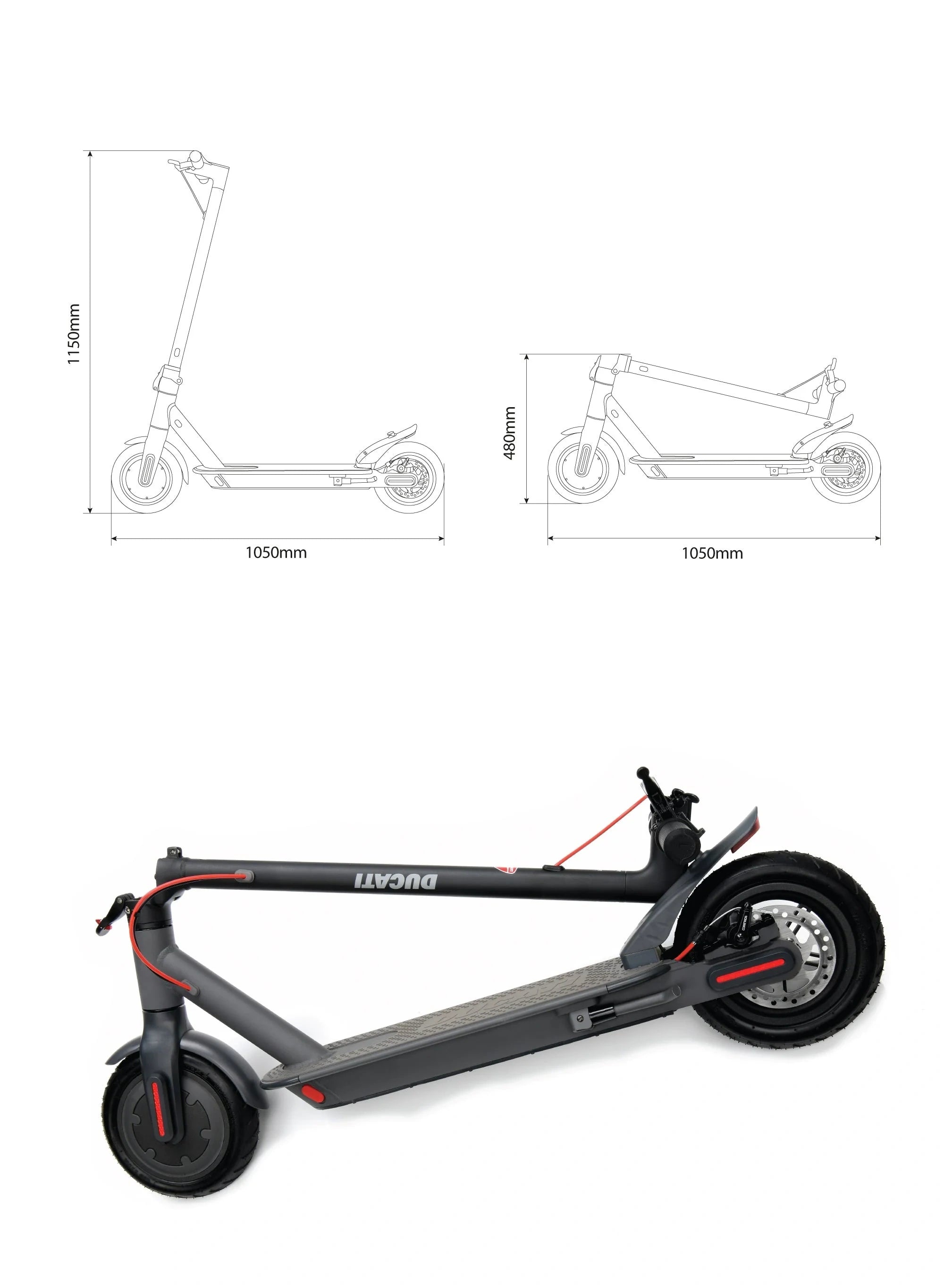 E-scooter with dimensions labeled on a white background