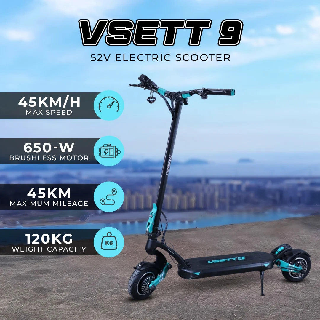 VSETT 9 electric scooter with specifications on a blurred cityscape background