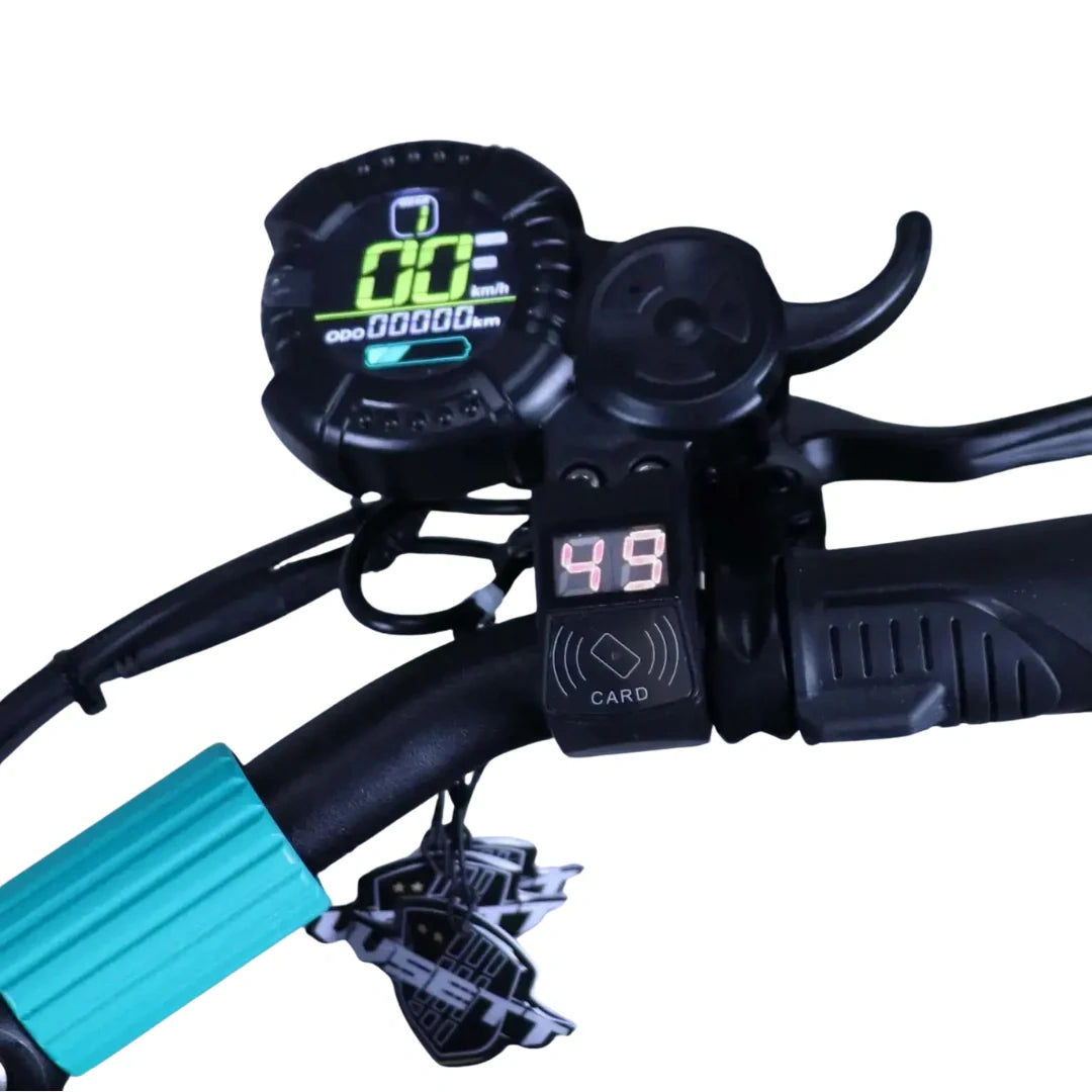 Close-up of a motorcycle handlebar with digital gauges on a white background